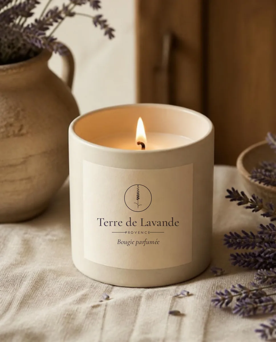 Scented candle with the Terre de Lavande label